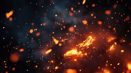 Poster - Sparks and fire particles flying embers burning cinders and smoke with flames against a dark backdrop