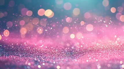 Poster - Elegant and trendy mint and pink glitter particles flow underwater with a shallow depth of field creating a shimmering and luxurious festive background filled with sparkles and lights