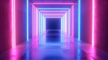 Poster - 3D render of an abstract minimal background featuring glowing lines a blank space and neon lights in shades of pink and blue suggesting a virtual reality corridor with a laser display