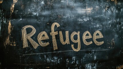 Chalk inscription of Refugee on a black surface