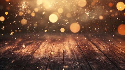 Poster - Golden sparklers and fireworks create a bokeh effect on a rustic wooden surface offering a panoramic background banner with ample space for text
