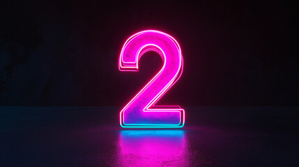 A bold neon number two stands out with bright pink and blue light against a dark setting, displaying themes of modernity and dynamic artistic expression.