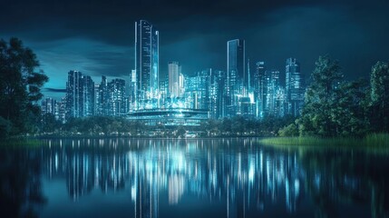 Poster - Futuristic data lakehouse concept featuring a holographic cityscape on a tranquil lake showcasing advanced data integration and innovation