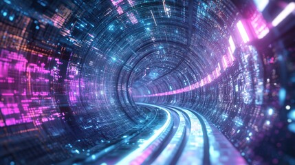 Aufkleber - 3D render of an abstract futuristic background featuring an urban tunnel illuminated by ultraviolet light with geometric structures symbolizing big data storage and cyber safety in virtual reality