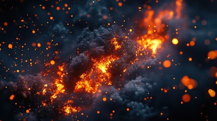 Poster - Sparks and fire particles flying embers burning cinders and smoke with flames against a dark backdrop