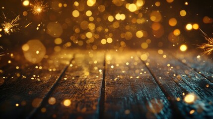 Poster - Golden sparklers and fireworks create a bokeh effect on a rustic wooden surface offering a panoramic background banner with ample space for text
