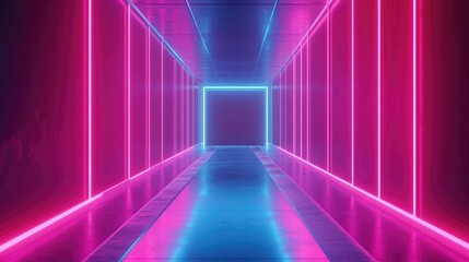 Poster - 3D render of an abstract minimal background featuring glowing lines a blank space and neon lights in shades of pink and blue suggesting a virtual reality corridor with a laser display