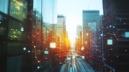 Aufkleber - Contemporary urban landscape featuring interconnected network icons in a double exposure style