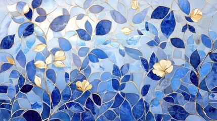 Poster - Blue and gold floral mosaic pattern on marble background