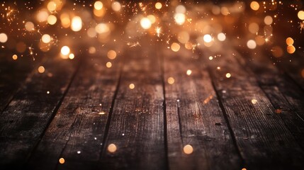 Poster - Golden sparklers and fireworks create a bokeh effect on a rustic wooden surface offering a panoramic background banner with ample space for text