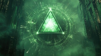 Poster - A large green circle featuring a triangle at its center with arrows extending outward