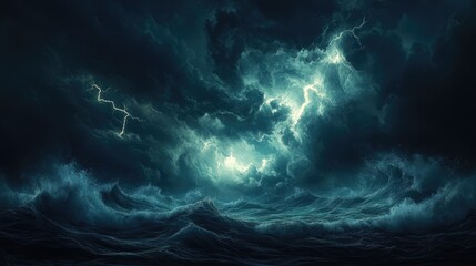 Poster - Dramatic lightning illuminates a dark stormy sky above churning ocean waves crafting an intense and captivating seascape