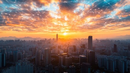 Aufkleber - Aerial panorama showcasing a city skyline with a network connection theme during a sunrise