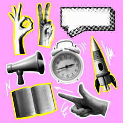 Set of retro halftone design elements. Paper cutout elements with alarm clock, loudspeaker, rocket, pointing hand, speech bubble. Modern collage