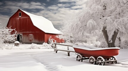 Poster - barn snow red background