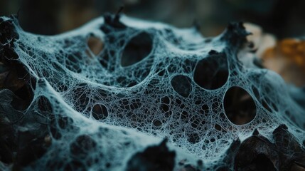 Wall Mural - Close-up of eerie, delicate egg-shell webs formed from fallen foliage, revealing their intricate patterns and textures. The image captures the haunting beauty of natures detail with copy space.