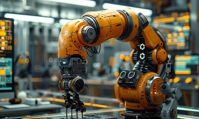 Aufkleber - A robotic arm in a modern industrial setting, featuring advanced technology and a vibrant orange color scheme, showcasing automation and precision engineering.