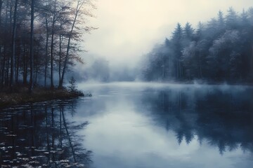  9il painting of a misty lake in a forest, realistic, with blue tones and a foggy, reflective surface on the water.