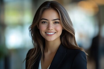 Wall Mural - Smiling Businesswoman with Wavy Hair in Office Setting