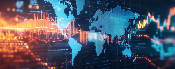 Poster - A Digital World Map with Overlaid Stock Market Charts