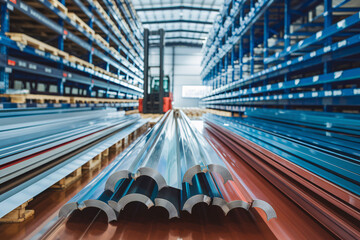 Industrial Metal Sheet Storage Warehouse. Rows upon rows of neatly organized metal sheets fill a large warehouse. 