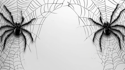Spider webs hanging in the corners, outlined in black, over plain white background in simple cartoon style