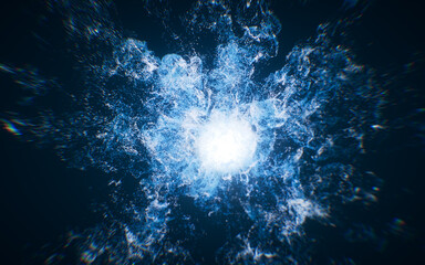 Wall Mural - blue flowing particles with explosive wave effect, 3d rendering.