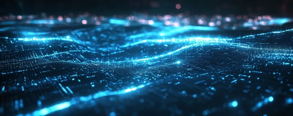 Poster - Abstract Blue Digital Landscape with Glowing Lines and Particles