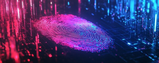 Poster - Digital Fingerprint in Neon Colors on a Circuit Board Background