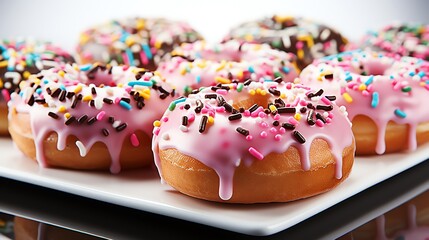 A plate of delicious donuts with pink and chocolate frosting and colorful sprinkles.