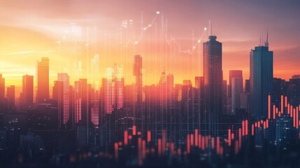 Poster - Cityscape with Overlay of Red and White Financial Charts at Sunset