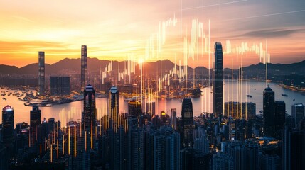Poster - Hong Kong Skyline with Financial Data Overlay at Sunset