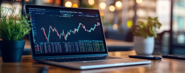 Poster - Laptop Displaying Stock Market Data on a Desk
