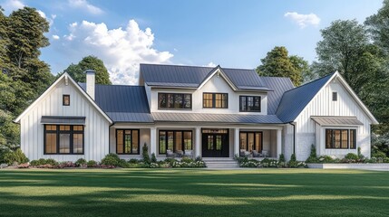 Poster - A modern farmhouse with a white exterior and a dark gray roof. The home has large windows and a covered porch.