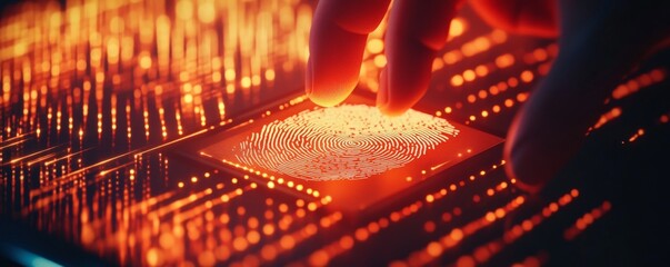 Poster - Fingertip Scanning a Digital Fingerprint on a Red Background