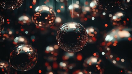 Aufkleber - Shiny, metallic spheres hang suspended in a dark space, reflecting the warm glow of surrounding lights.