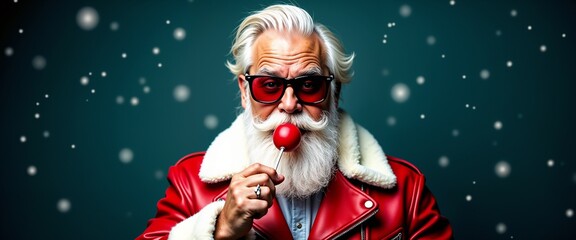 Wall Mural - Hip Santa Claus wearing sunglasses and a red leather jacket, enjoying a lollipop amidst falling snow. A modern twist on a classic holiday character, evoking festive cheer and winter magic.

