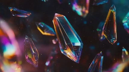 Aufkleber - A mesmerizing close-up of iridescent crystals floating against a dark background, creating an ethereal and magical atmosphere.