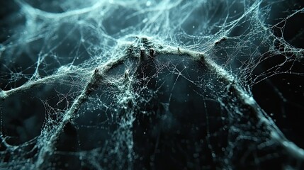 Thin spider webs drape across black background, hanging from the sides of the screen