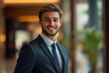 Wall Mural - Smiling Young Businessman in Suit with Blurred Background