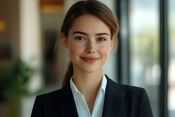 Wall Mural - Smiling Young Businesswoman in Black Blazer Headshot Portrait