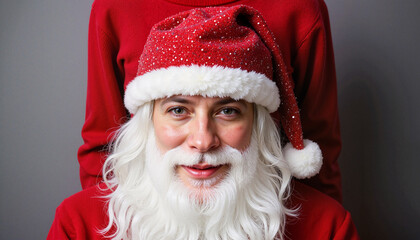 Man dressed as Santa smiling warmly with sparkling hat