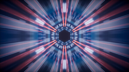 Canvas Print - Abstract neon kaleidoscope pattern with glowing effects, 3d rendering.