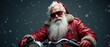 © schiers_images - Santa Claus in a red jacket and sunglasses rides a motorcycle, capturing a modern twist on a festive classic. A unique Christmas portrayal with snowflakes falling softly around.