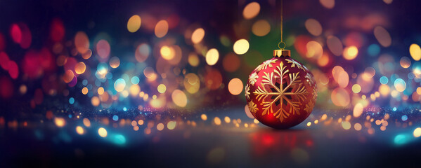 Poster - A red Christmas ornament with a gold snowflake design sits on a table with a blurred background of colorful lights.