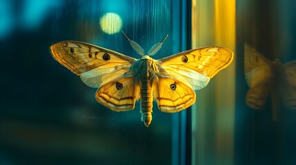 Wall Mural - Delicate Moth Perched on Lit Window at Night Showcasing its Beautiful Wings