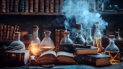 A Mysterious Alchemy Laboratory of Ancient Knowledge Filled with Glowing Potions and Intricate Tools