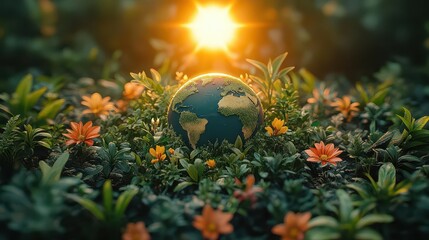 Wall Mural - miniature planet earth surrounded by lush greenery, symbolizing ecological balance and sustainabilit