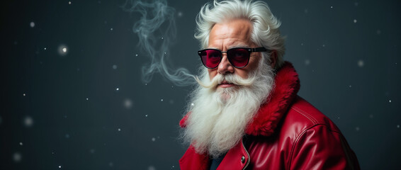 Hipster Santa Claus wearing stylish red leather jacket and sunglasses, surrounded by falling snow. A modern and festive take on the traditional Christmas icon.

