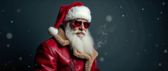 Hipster Santa Claus wearing stylish red leather jacket and sunglasses, surrounded by falling snow. A modern and festive take on the traditional Christmas icon.

